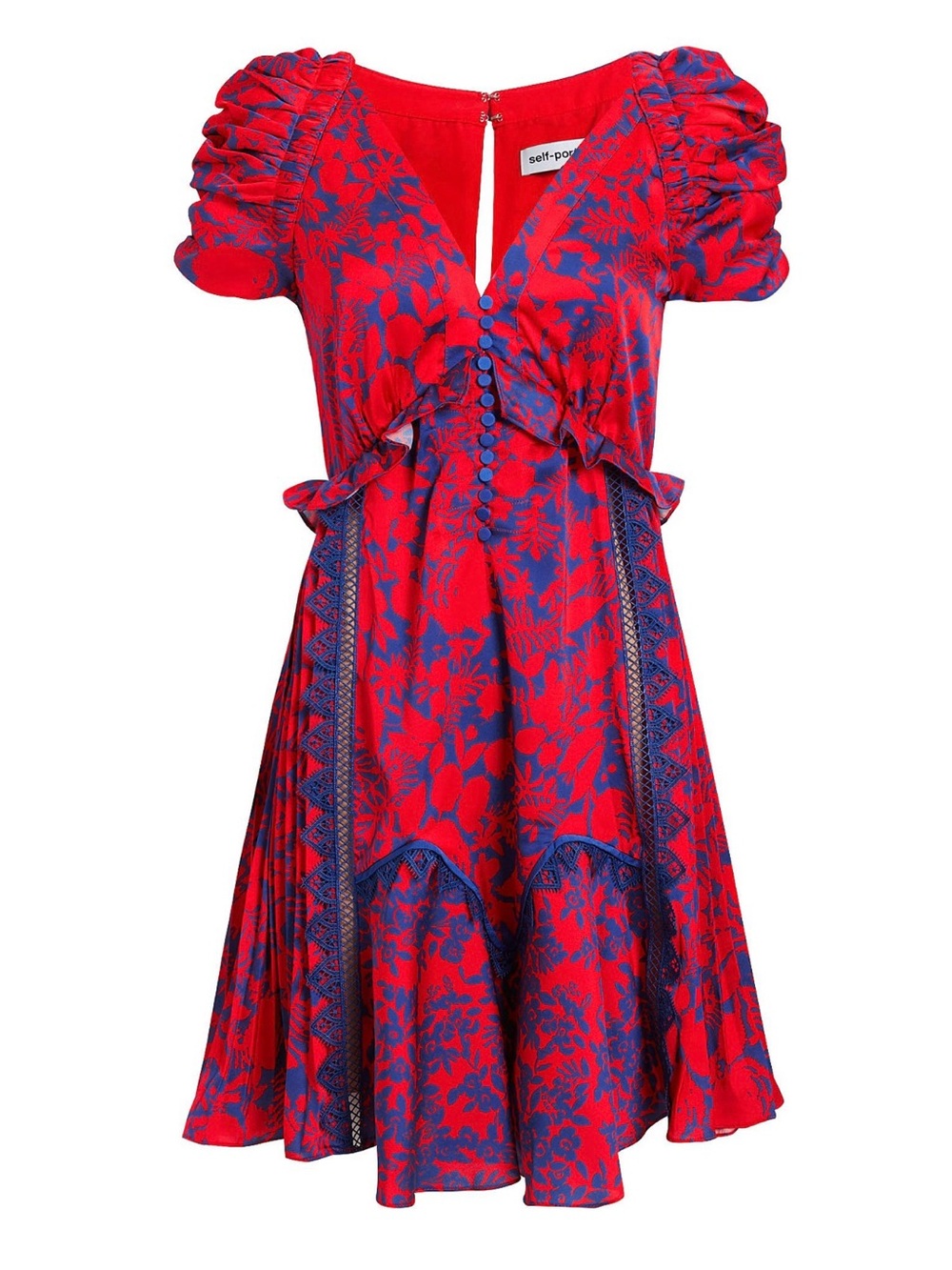 Self-Portrait Red and Blue Floral V-Neck Ruffle Mini Dress